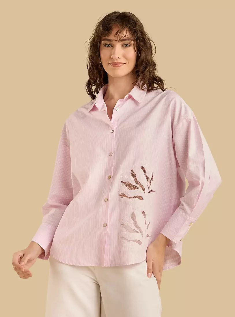 قميص بوبلين فضفاض مخطط بتفاصيل مزينة